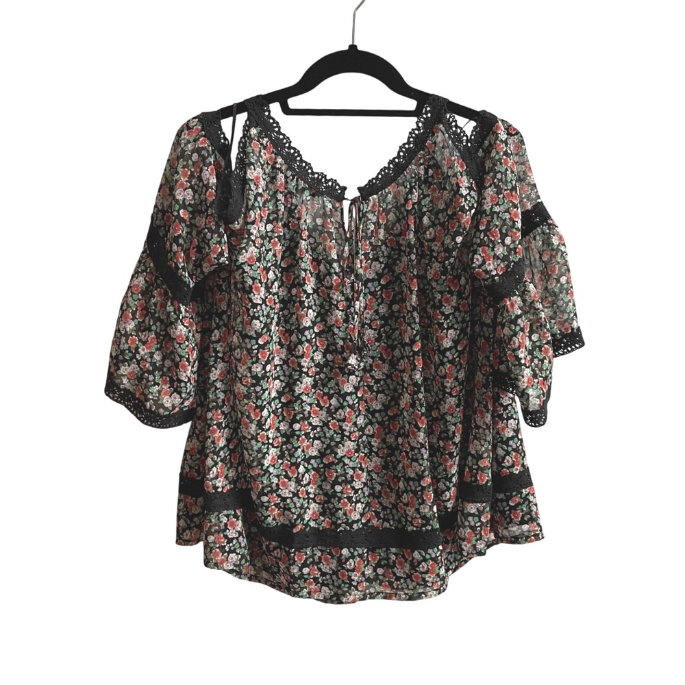 Rebecca Minkoff Floral Cold Shoulder Top Womens M Black Boho Crochet Lace Blouse
